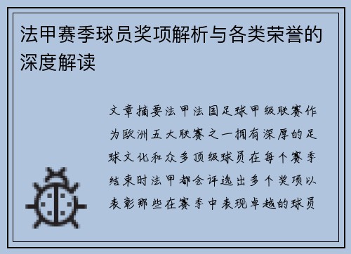 法甲赛季球员奖项解析与各类荣誉的深度解读