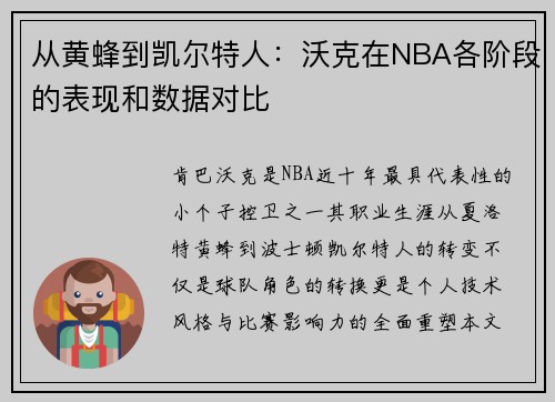 从黄蜂到凯尔特人：沃克在NBA各阶段的表现和数据对比